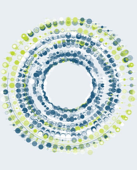 Abstract rings of blue and green dots forming a circular data visualization.
