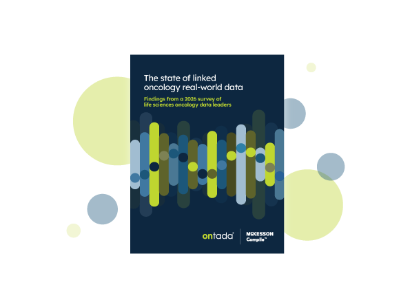 The state of linked oncology real-world data report cover with colorful bars and logos.