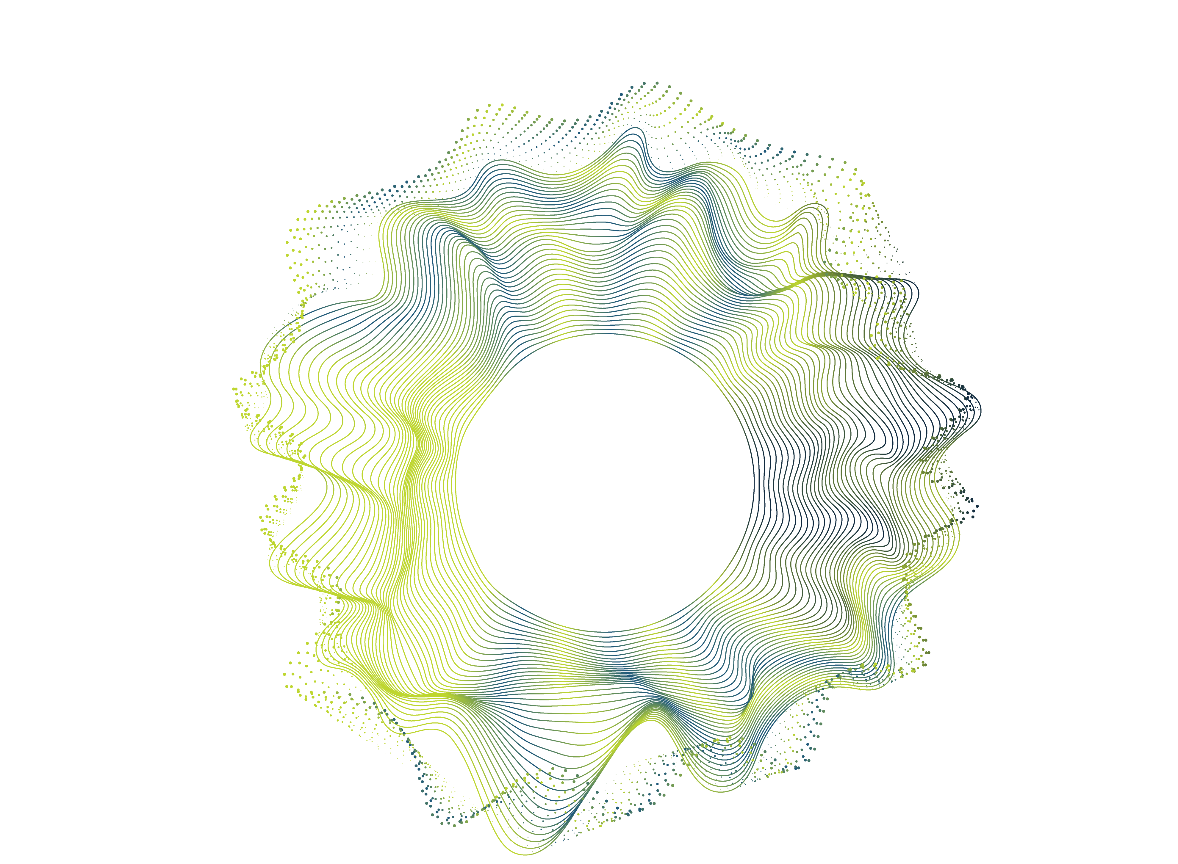 Abstract circular waveform pattern in green and yellow lines surrounding a central vertical bar