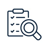 An icon depicting a magnifying glass and a clipboard