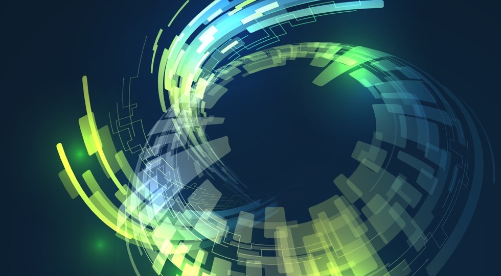 Abstract circular digital design with layered blue and green geometric shapes and glowing accents forming a technology-inspired ring on a dark blue background.