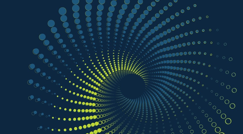 Abstract spiral pattern of blue and green dots radiating inward toward a dark center on a navy background.