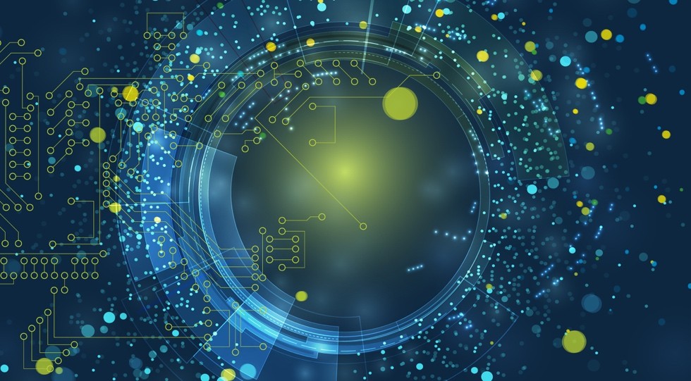 Abstract digital graphic featuring a glowing green center surrounded by blue circular interfaces, circuit-like connections, and scattered data points on a dark blue background.