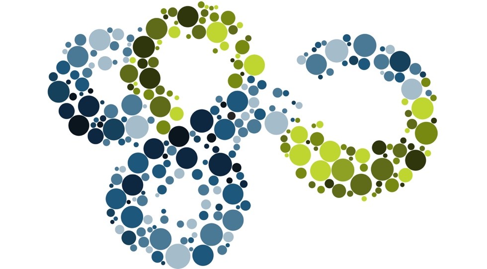 Abstract logo formed by clusters of blue and green circles arranged in three interconnected looping shapes on a light gray background.