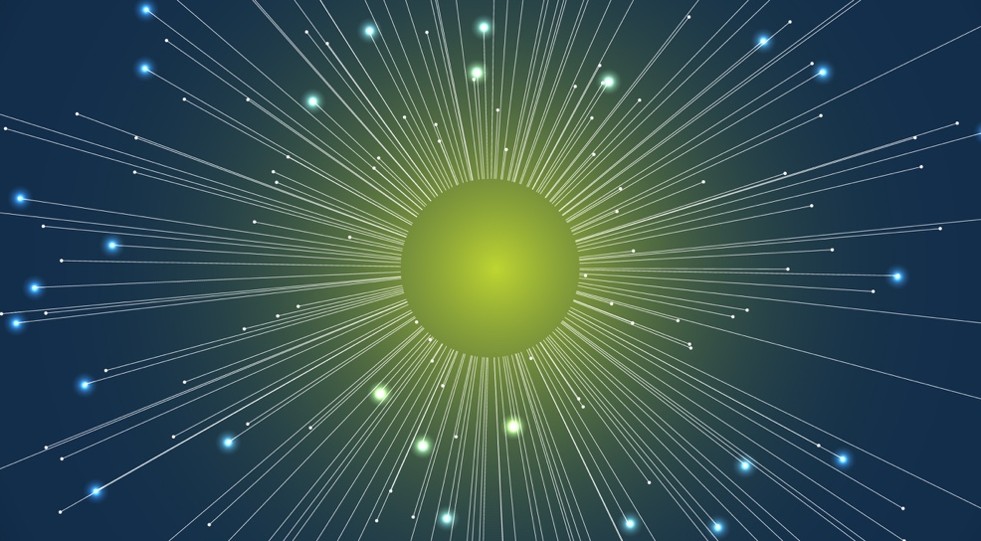 Abstract data visualization graphic featuring a glowing green central sphere with radiating white lines and blue light points extending across a dark blue background.